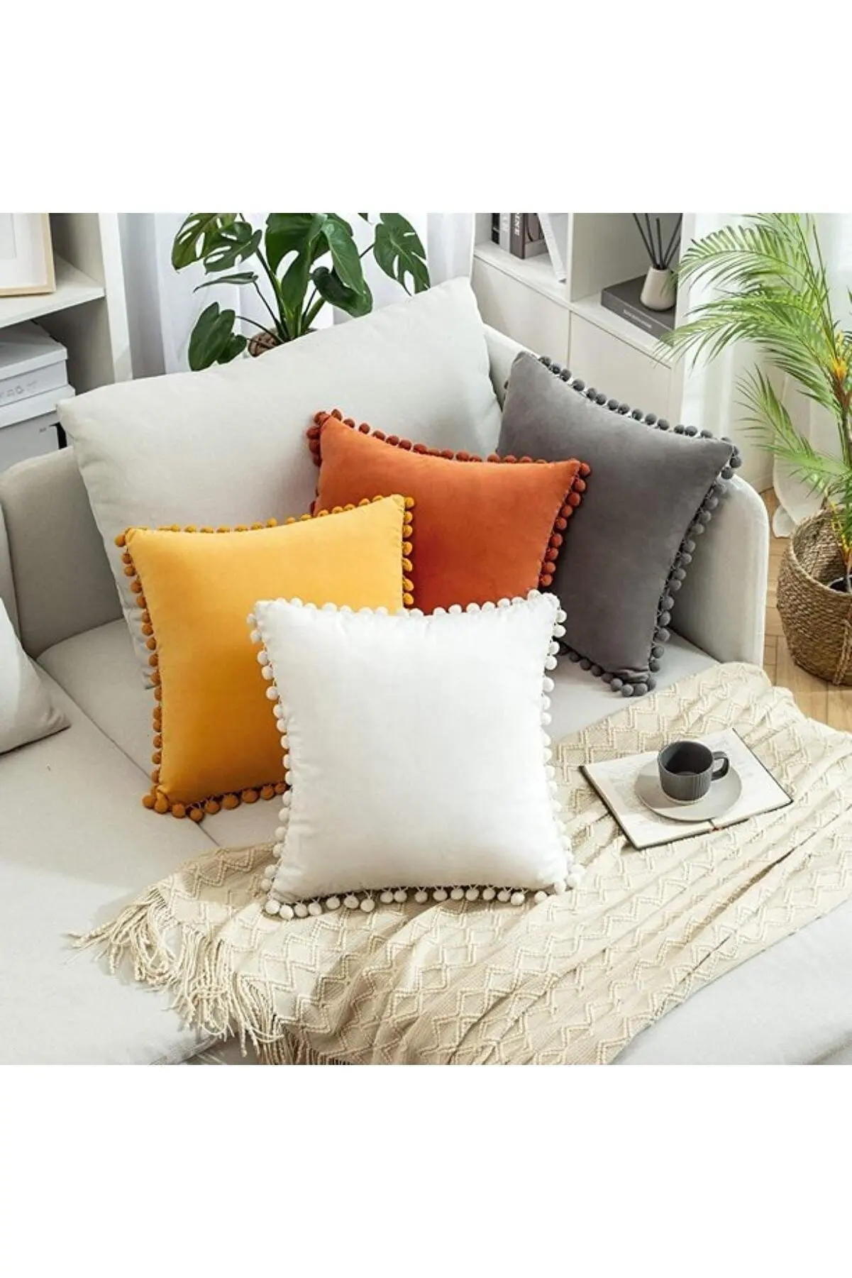 4 Pcs Suede Pillow Cover Autumn Series Pompom With Beige Color Cushion Cover Living Room Home Decor Cushion Cover