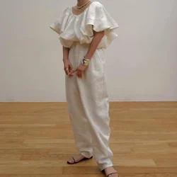 Kuzuwata 2024 Japan Style Double Wear Sleeveless Slash Neck Tops+loose Linen Radish Pants Women Two Peice Sets Soft Casual Suits