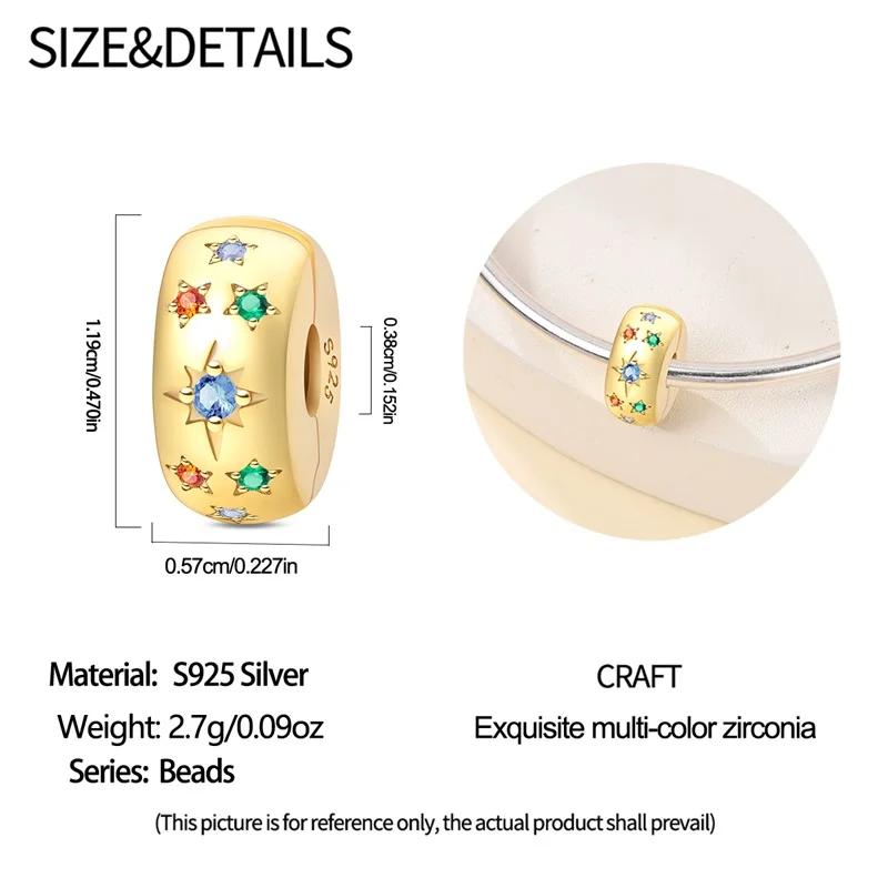 925 فضة سحر الخرز الملونة ستار الذهب مشبك أمان السلامة مشبك ثابت صالح الأصلي سوار DIY النساء المجوهرات #5