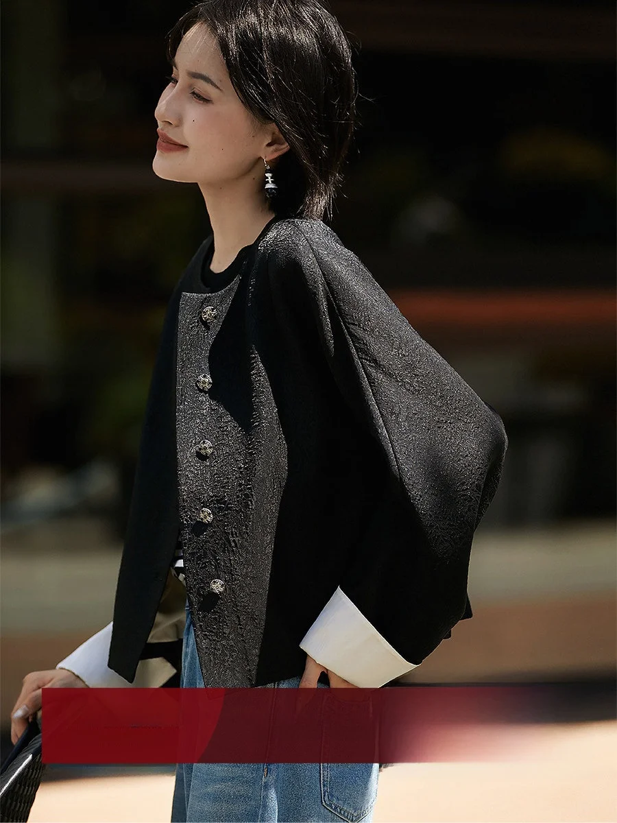 

Xhange Oriental Luxury Wall Flower Heavy Embroidery Texture round Neck Single Button Wool Short Coat Women's Business Style S...