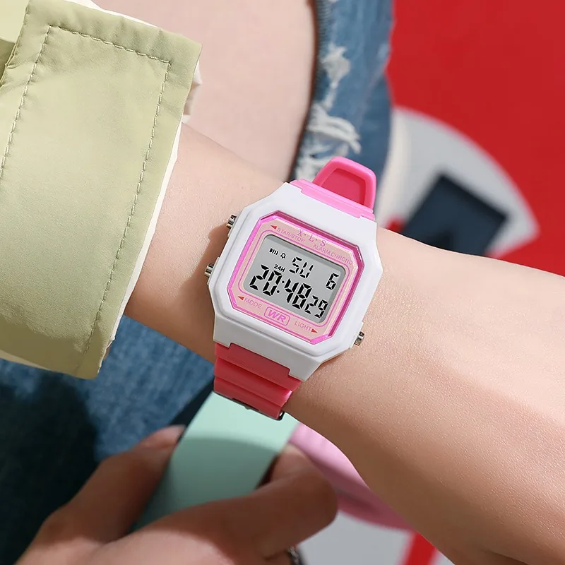 Jam Tangan Olahraga Digital Jam Tangan Elektronik Pelajar Anak Laki-laki dan Perempuan Jam Tangan Pria Wanita Warna Macaron Jam Tangan Persegi Tahan Air