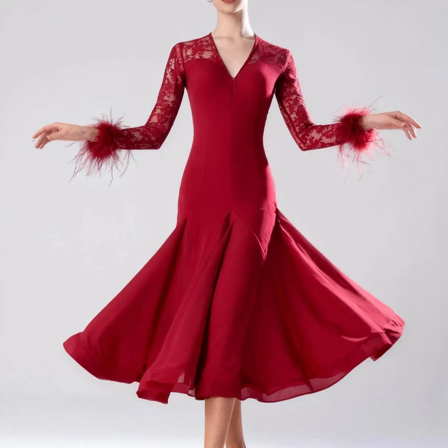 Team Performance Burgundy Competition Dress Long Sleeve Modern Dance New Lace Women Feather Ballroom Dress Slim Fit Black