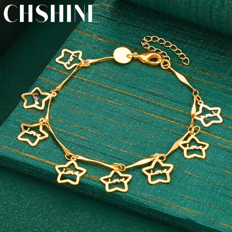 925 Sterling Silver 18K Gold  Hollow Star Love Engraved Dangle Charm Bracelet Lobster Clasp for Women Sweet Jewelry Gift