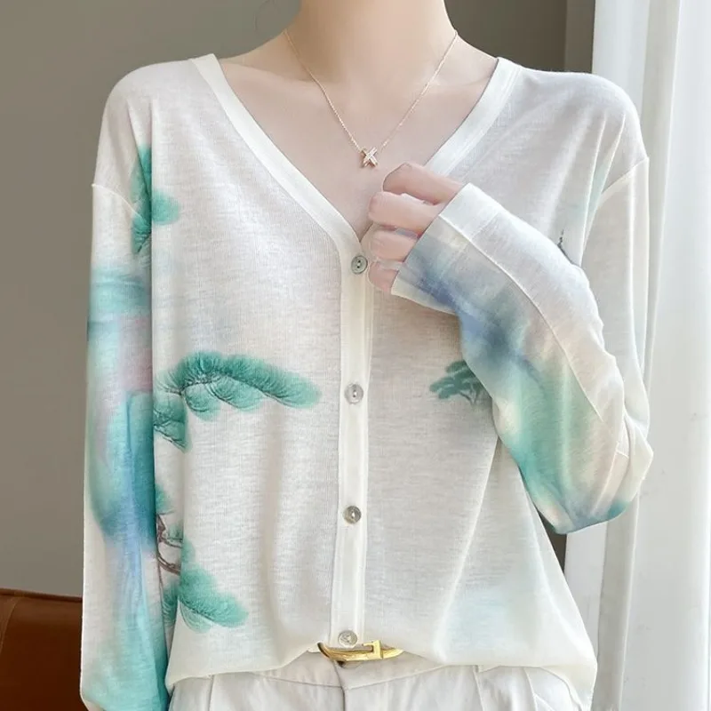 

Fashionable Round Neck Long Sleeve Cardigan New Stylish Loose Top Casual Elegant Printed Thin Knit Jacket