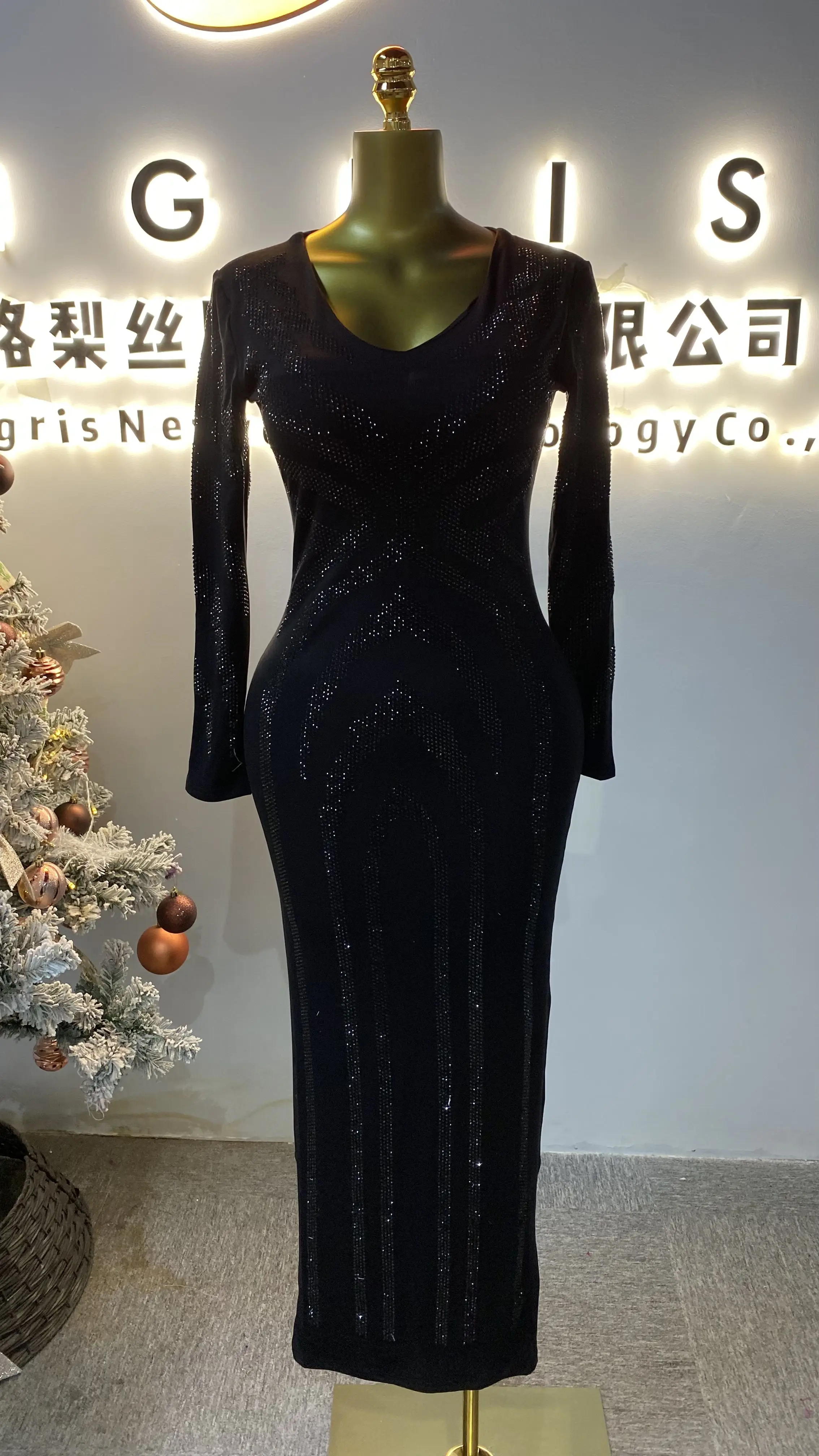Sequined V-neck long-sleeved split back zipper stretch knit evening dress Maxi dress jacket-GZXX085