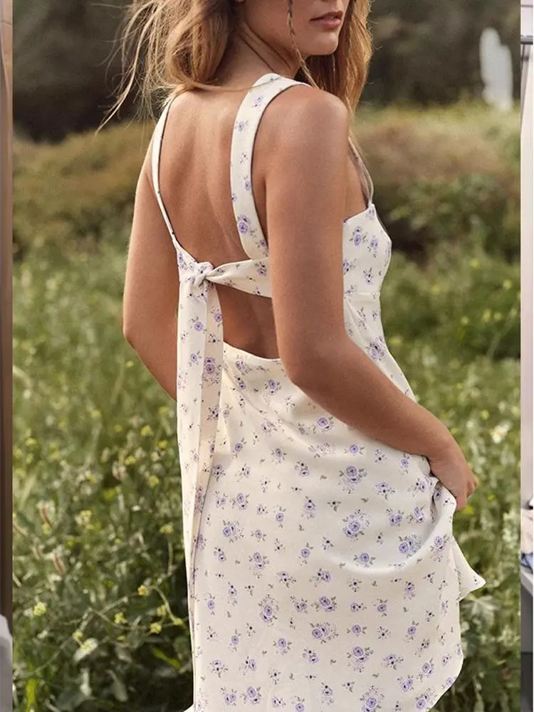 2025년 여름 스위트 프린트 실크 새틴 느낌 플로럴 스퀘어 넥 스트랩 드레스 여성 패션 하이웨이스트 A라인 스커트 드레스