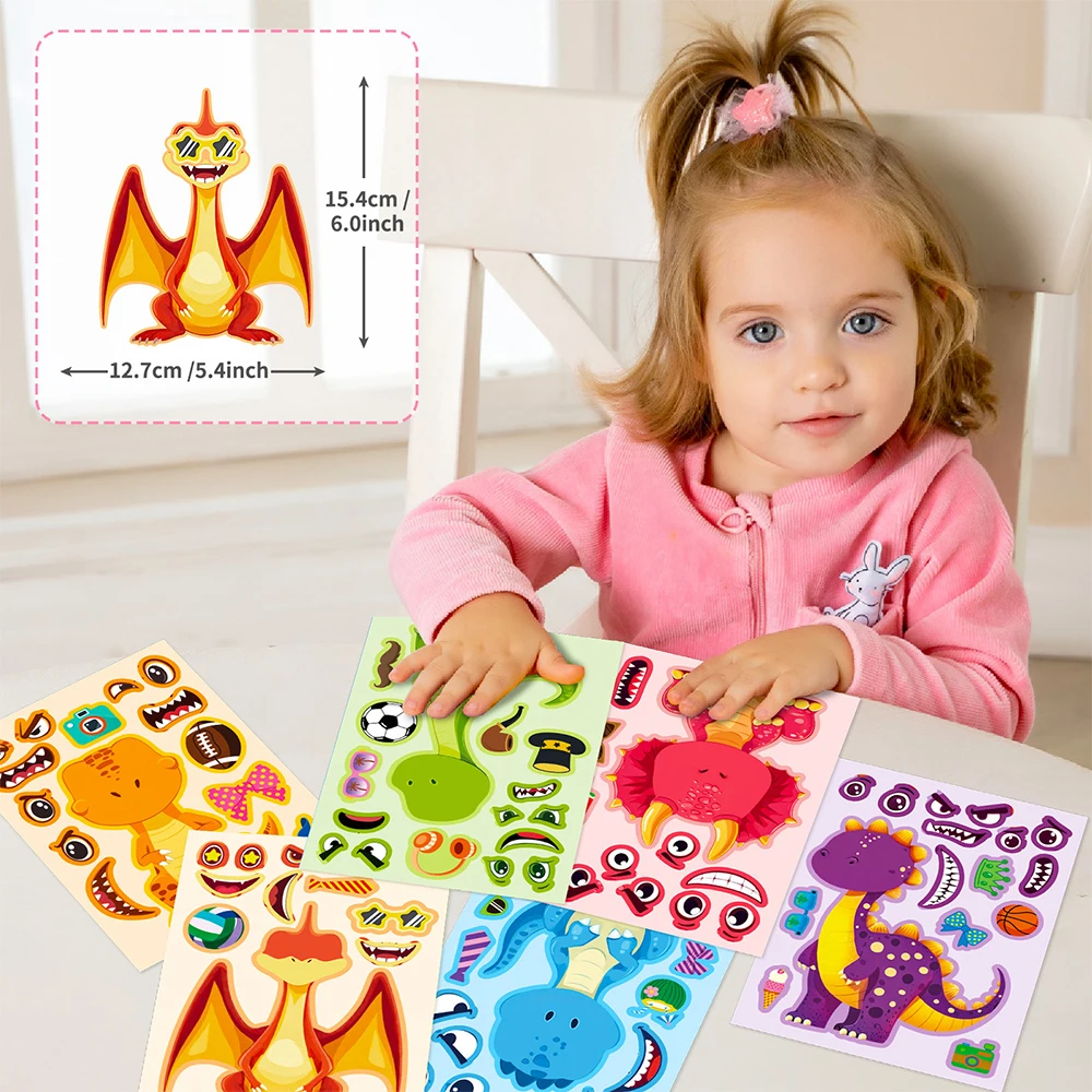 6/12Sheets Kids Game Puzzle Sticker Animals Dinosaur Make a Face DIY Phone Laptop Luggage Graffiti Decals Fun for Kid Gift - Image 6