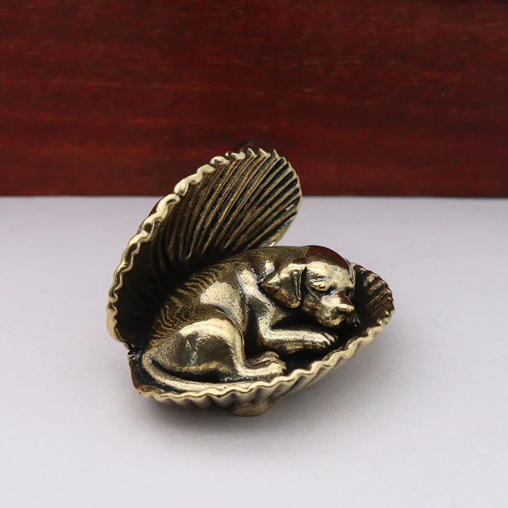 Brass Dog Shell Small Statue Desktop Ornament Vintage Animal Miniatures Figurines Home Decoration Crafts Tea Pet Decor Accessory