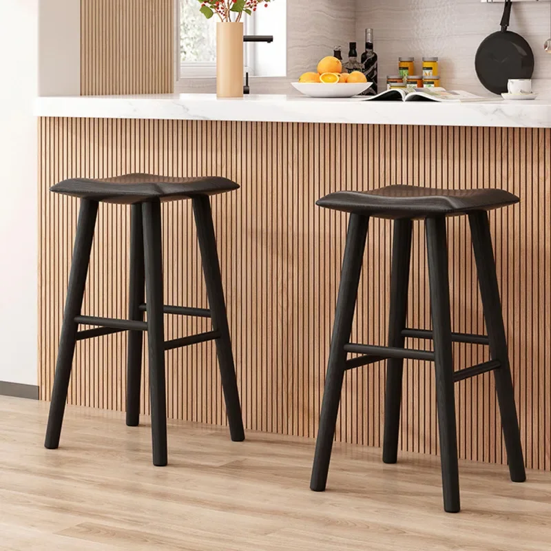 

Black Solid Wood Bar Chair: Minimalist Living Room High Chair Wabi-sabi Wind Log Commercial Cafe Bar Stools Nordic-inspired