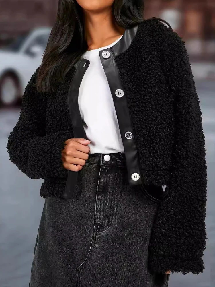 

Women Black Faux Fur Jacket Single Breasted O-neck Plush Coat Warm Thick Casual Luxury Faux Lamb Furry Jacket Fluffy Loose Solid