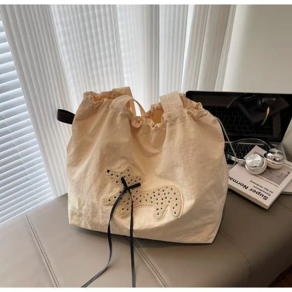 New Soft Nylon Drawstring Shoulder Bag Puppy Bow Pattern Large Capacity Versatile Handbag Lightweight Travel Tote Bags Daily Use