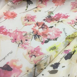 1 meter 100% Mulberry Silk 8 momme Thin Georgette Silk Fabric Cream-white color Floral Printed 111cm 43
