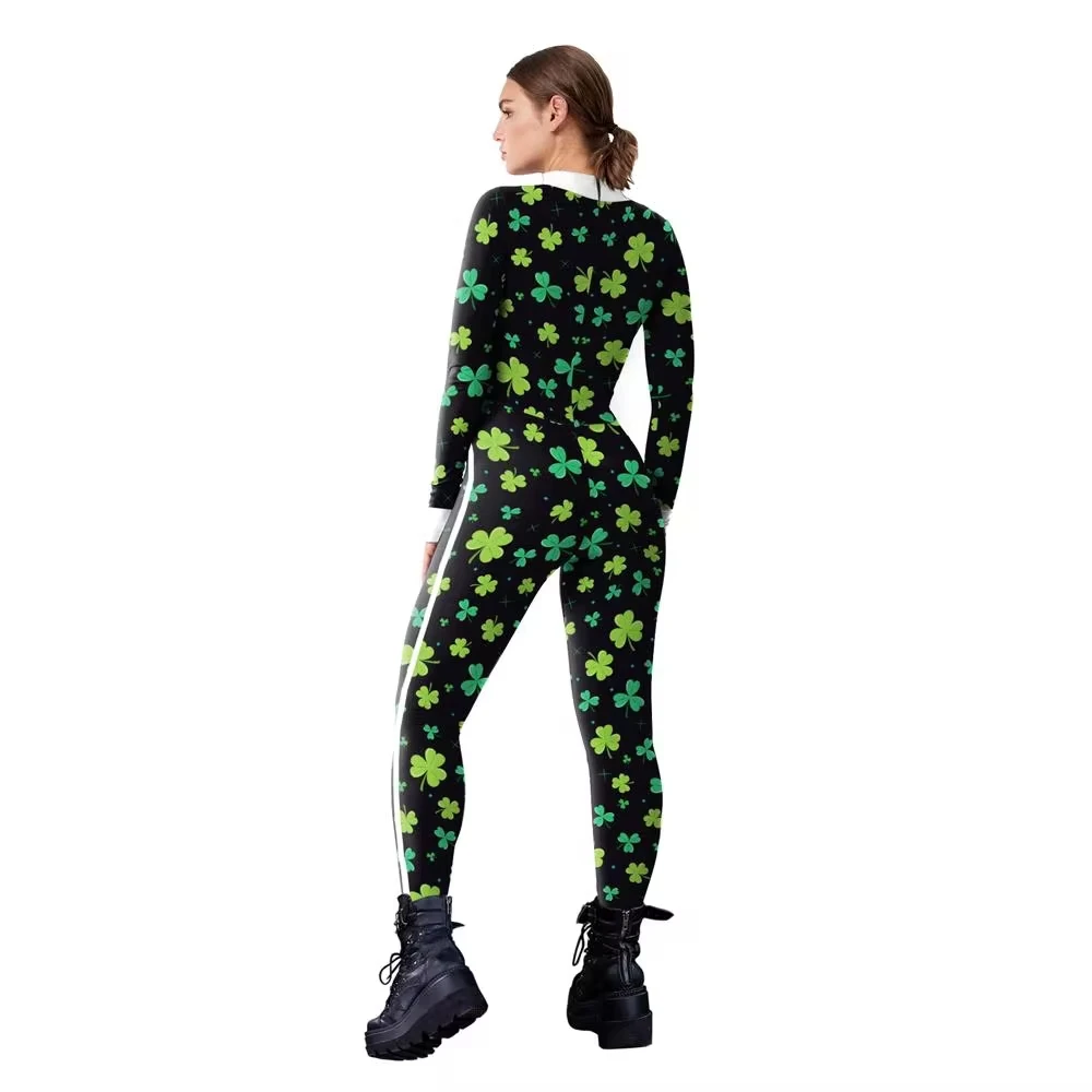 Halloween Sexy Women's Cosplay Green Bodysuit Holiday Long Sleeve Tights St. Patrick's Day Carnival Performance Costume Jumpsuit