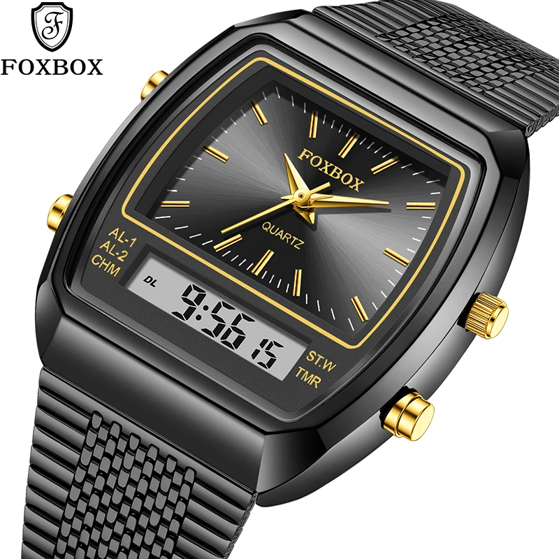 

FOXBOX Роскошные модные электронные мужские часы из нержавеющей стали, повседневные будильники, водонепроницаемые кварцевые часы с двойным цифровым дисплеем, мужские часы с хронографом