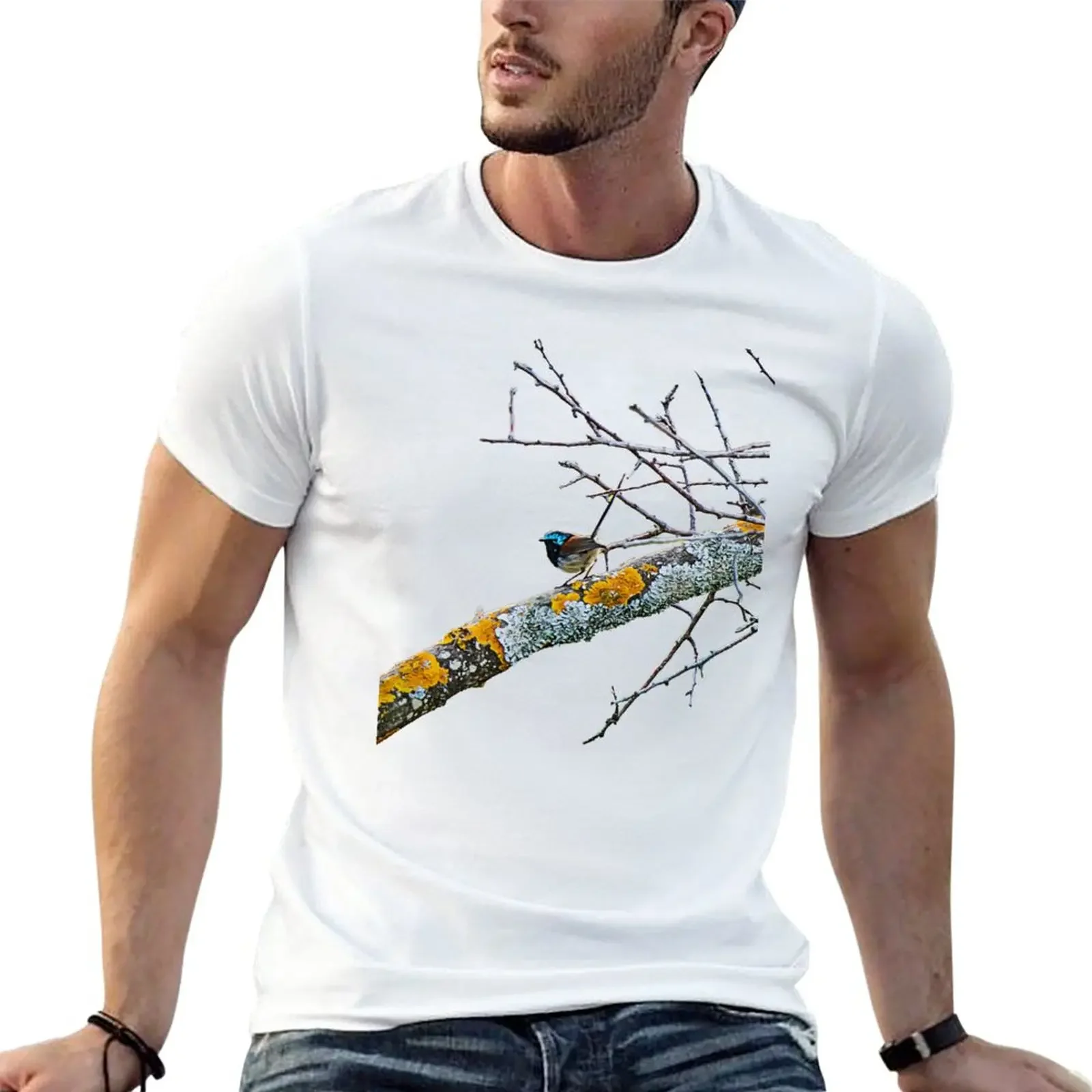 Variegated Fairy Wren on Mossy Branch T-Shirt vintage new edition men clothings