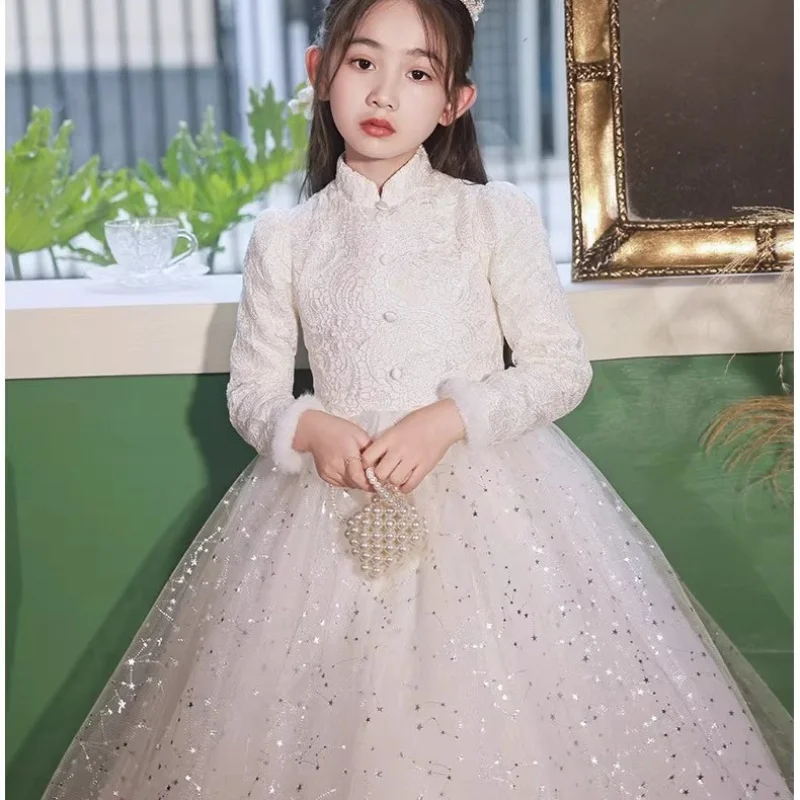 Children's Formal Dress High-End Girls' Long Sleeve Thickened Princess Dress Little Girl Host Flower Girl Piano Performance Dres
