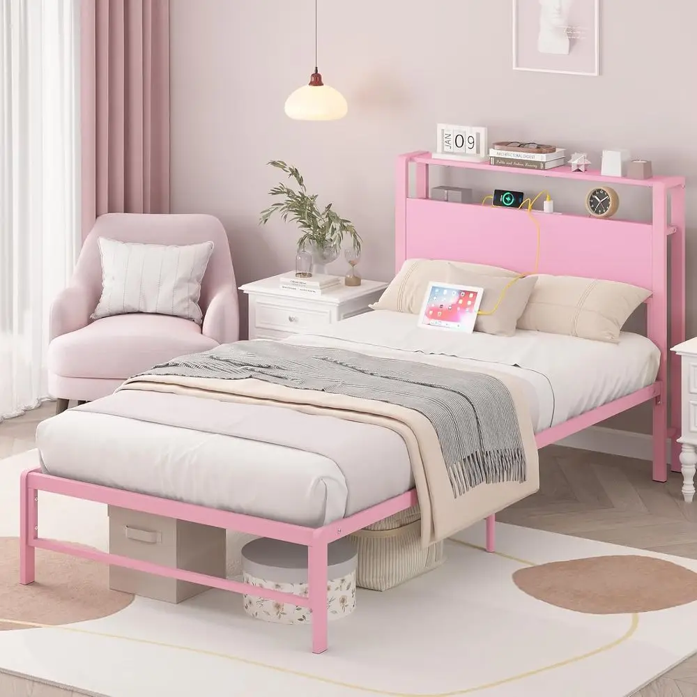 Pink Heavy-Duty Metal Twin Bed Frame with 2-Tier Storage Headboard, No Box Spring Needed, for Girls