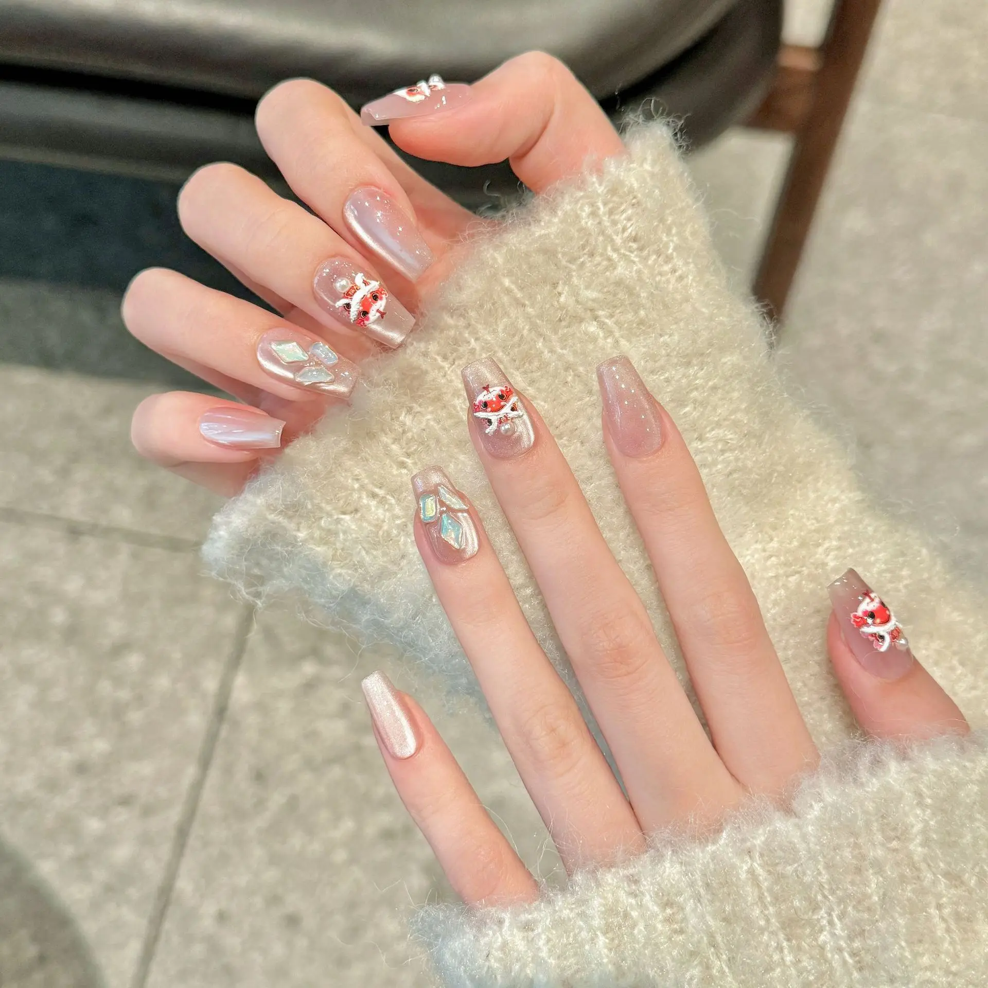 Handmade Press on Nails Sweet Pink Cat Eye Fake Nail Tips Chinese Cute Luck Lion New Year Gift Wearable Ins Fashion Fake Nails