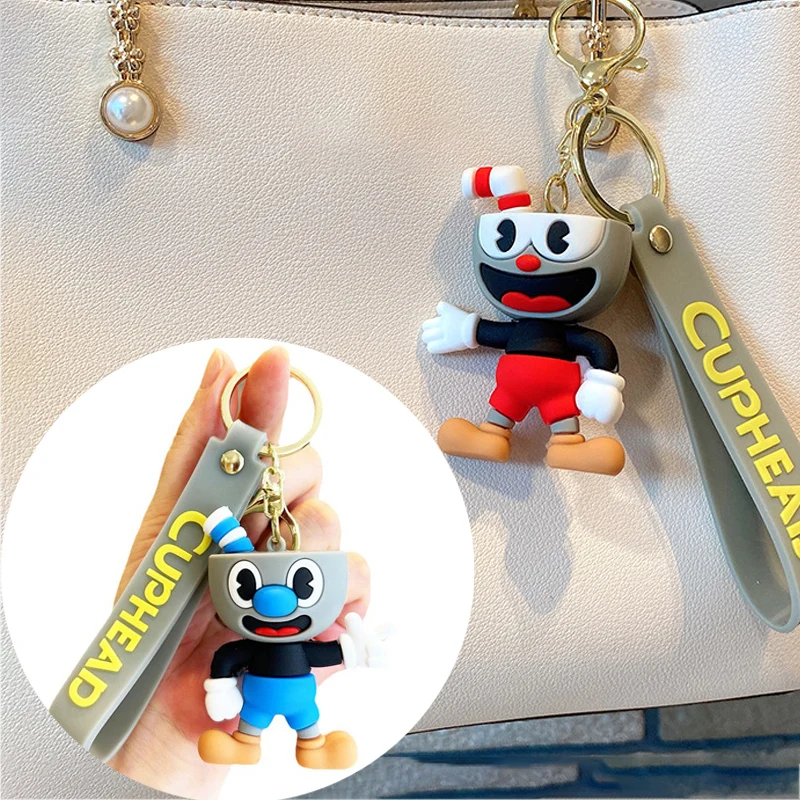 Anime Cuphead Keychain Figure Cartoon Mugman PVC Doll Car Keyring Backpack Pendent Key Chain Decoration Toys Christmas Gift