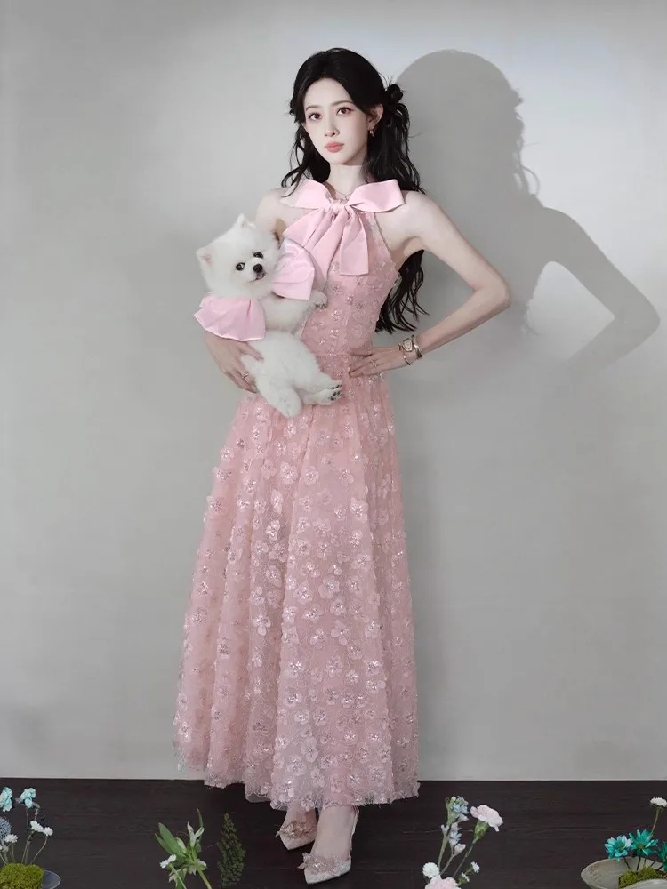 ピンクメッシュドレス女性ストラップノースリーブエレガントなスパンコール刺繍フローラ Vestidos ボディコンハイウエストパーティー服