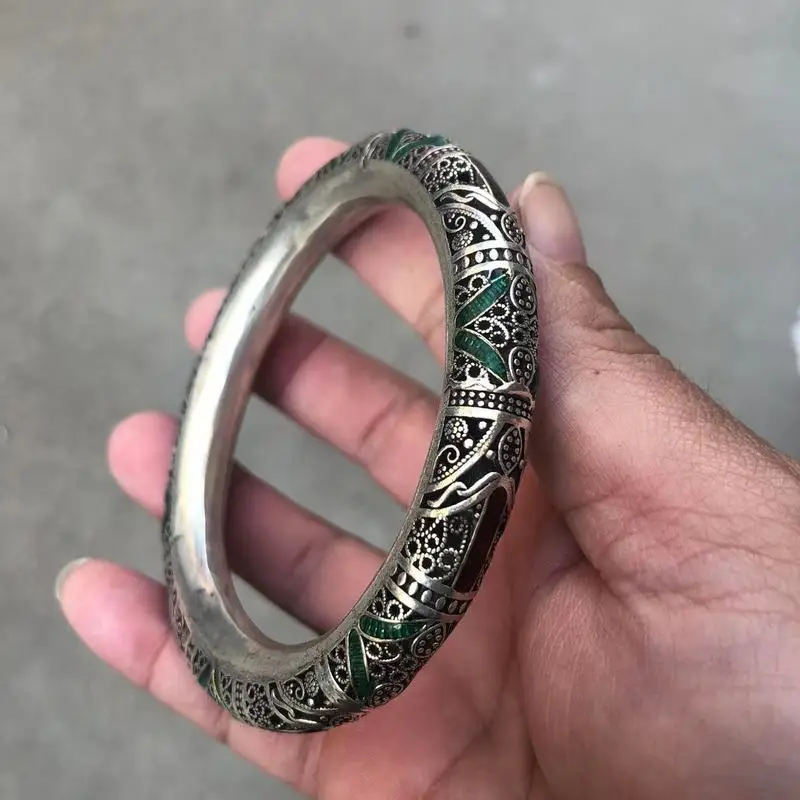 Vintage Hollowed-Out Miao White Copper Silver-Plated Ethnic Style Inlaid Cloisonné Gemstone Bracelet Men And Women