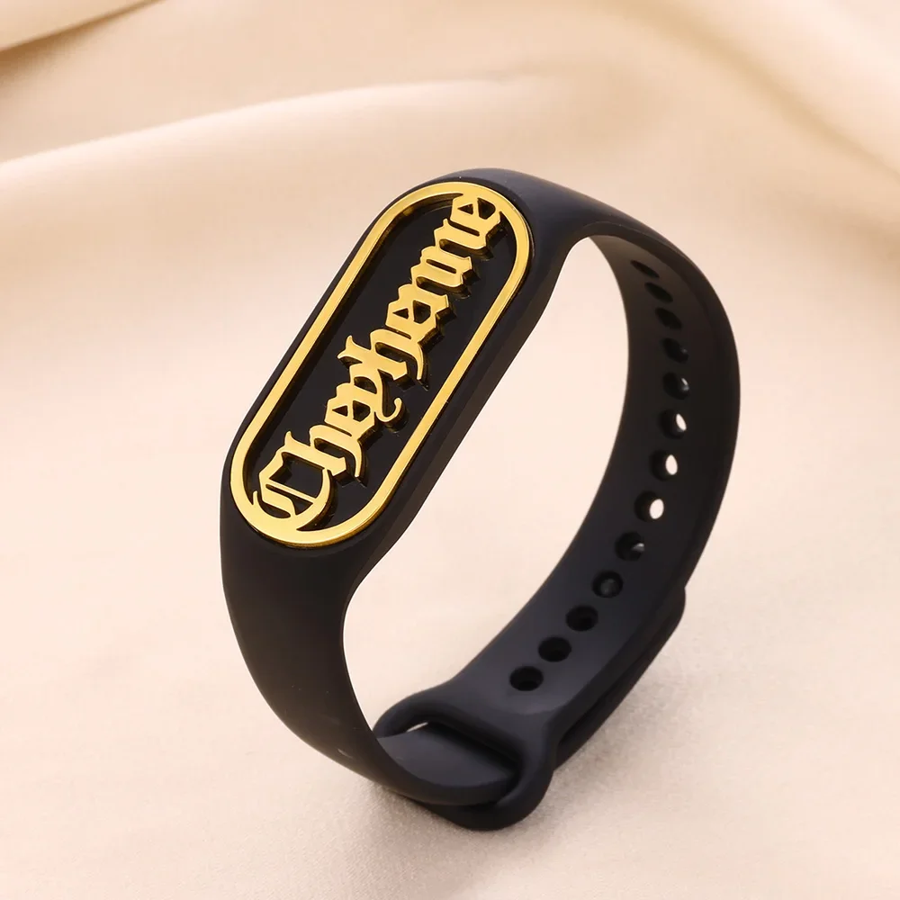 

Custom Old English Name Watchband Women MenTrend Jewelry Gold Color Personalized Nameplate Black White Strap Friends Gifts