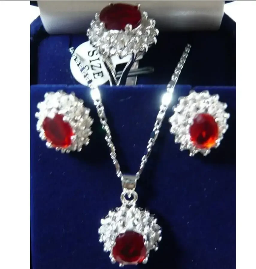 

Charming! Red Rhinestone necklace Earring ring Sets plated watch wholesale Quartz stone CZ crystal