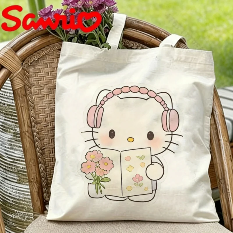 

1PC Sanrio Hello Kitty with Pink Headphones & Flowers Print Eco-friendly Canvas Shoulder Bag