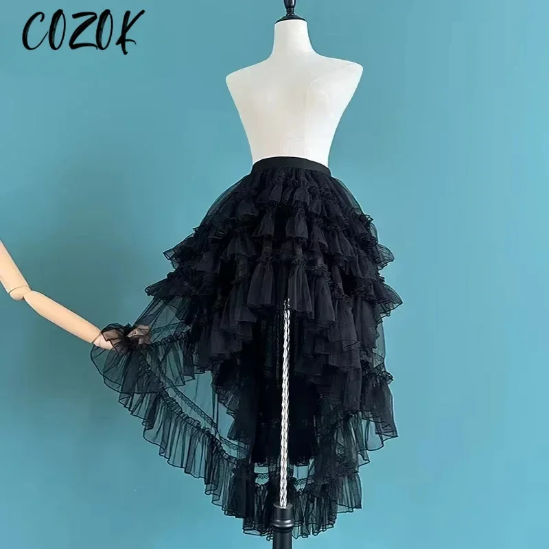 สไตล์ญี่ปุ่น Gothic Lolita ลูกไม้ชั้น Jsk เจ้าหญิงกระโปรงผู้หญิง Kawaii น่ารักตาข่าย Ruffles ชุดราตรี Y2k กระโปรงกระโปรงยาว