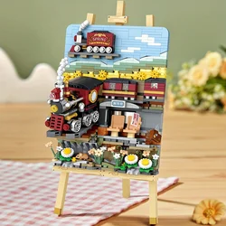 3D Easel Classic Train Station Platform Natural Scenery Travel Theme Mini Building Blocks