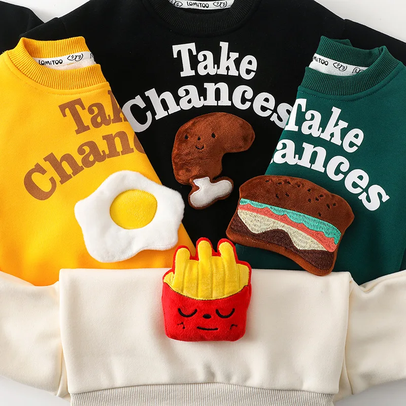 Children Sweaters Winter Boys Cartoon Plush Sweater Cute French Fries Burger Round Neck Pullover 3D Pattern Girls Casual Clothes