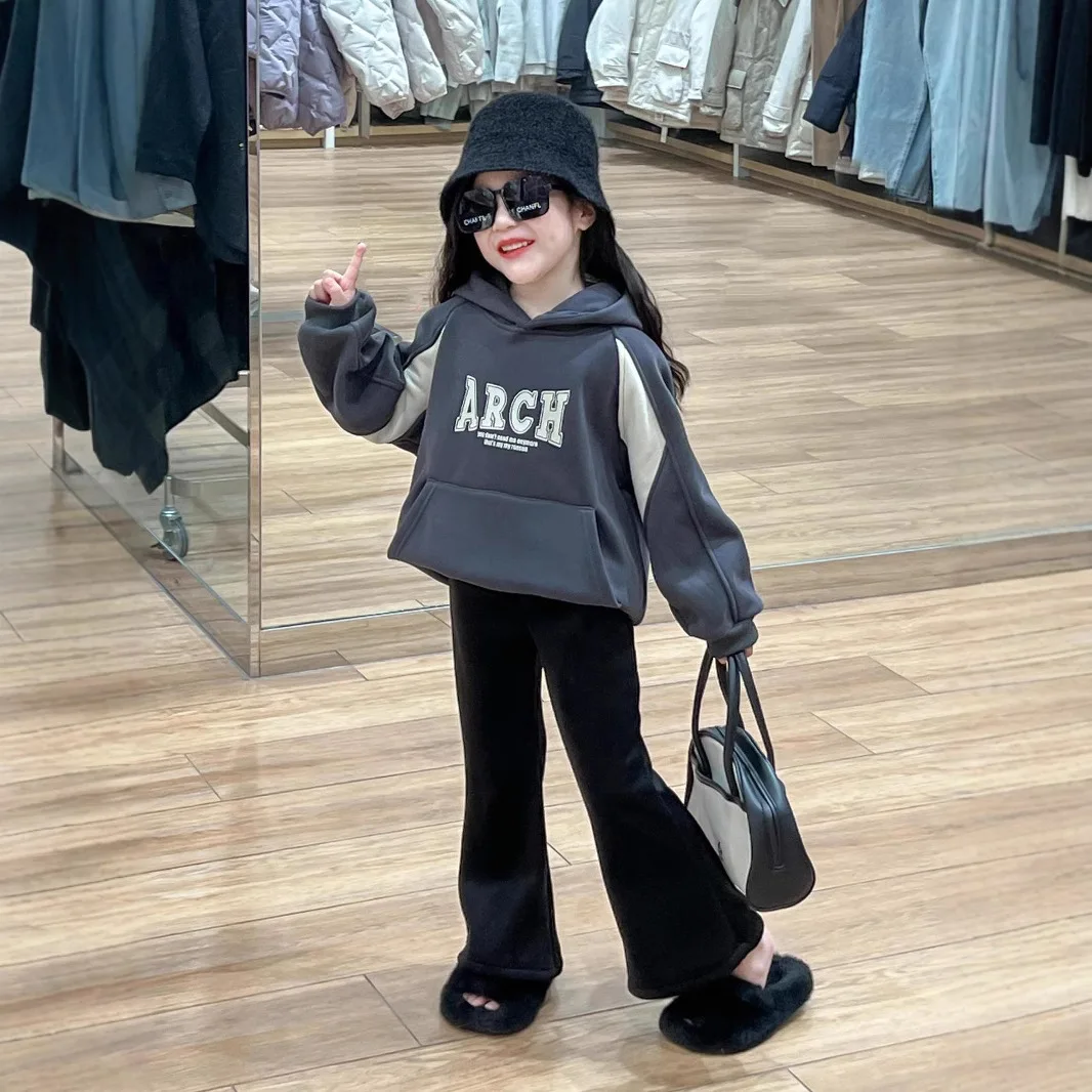 

Girls Suit 2024 Winter New Childrens Clothes Girls Baby Compound One Hooded Hoodie Plus Velvet Bell-bottom Pants Two-piece Set