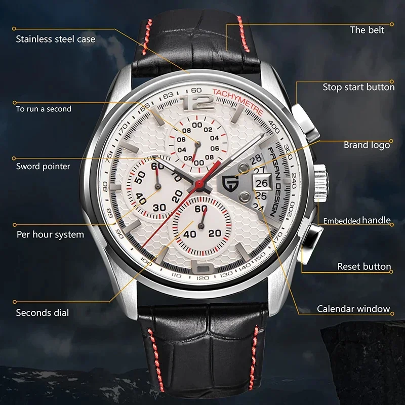 PAGANI DESIGN jam tangan kronograp pria, jam tangan militer Quartz kulit PD-3306, jam tangan olahraga anti air multifungsi