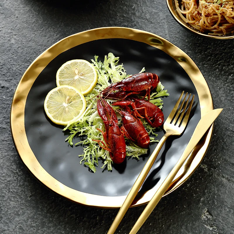 Golden Stroke Black Ceramic Plates Gold Plated Border Dinner Plate Wave Texture Porcelain Fruit Salad Bowl Family Tableware