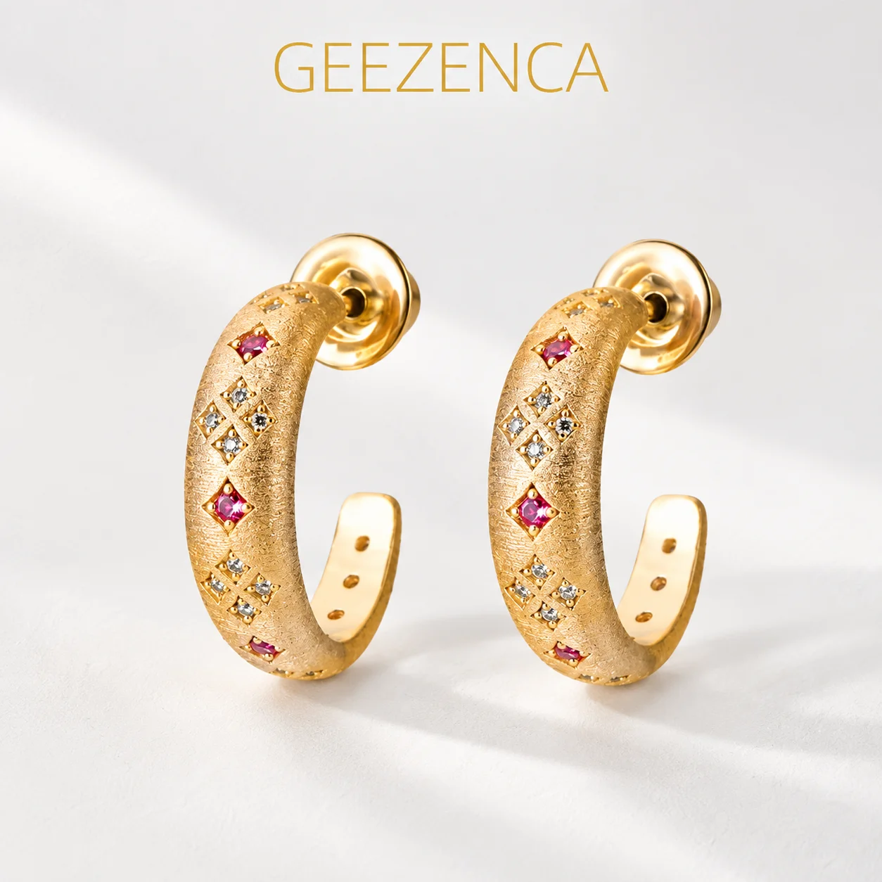 GEEZENCA 925 Silver 18K Gold Red Cubic Zirconia Brushed Huggie Hoop Earrings Clearance Limited Stock First Come First Get