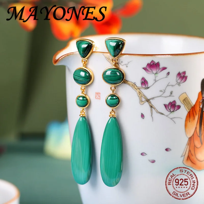 

Natural Malachite S925 Pure Silver Retro Water Drop shaped Long Earrings for Women's Fashion Style Jewelry Gifts