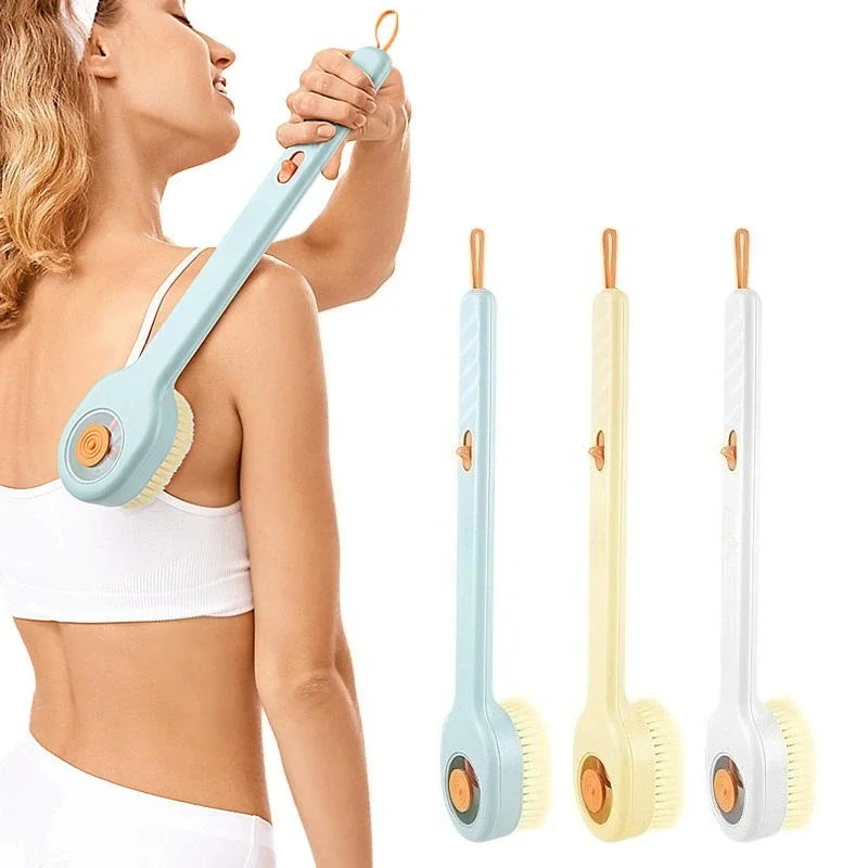 1PC Long Handle Liquid Filled Soft Hair Bath Brush Exfoliating Massage Cleaning Brush with Back Sponge Rubbing Tool for Shower