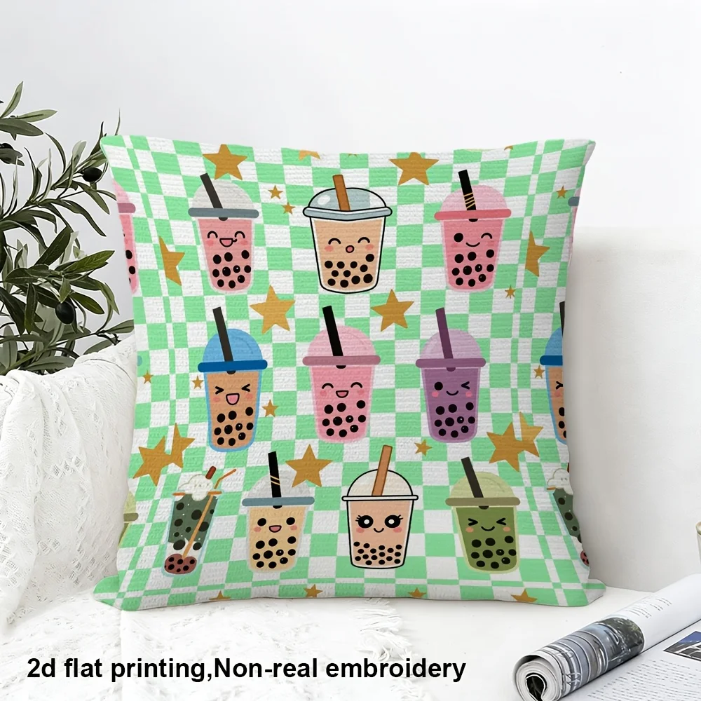 2D Flat Printing, 1pc, Kawaii-style Boba Tea Cups with Stars on a Checkered Background, Pillow Cover, Double-sided Printing, Polyester, Decorative Pillowcase, Suitable for Family Bedrooms and Living Rooms, Pillowcase, 2D Flat