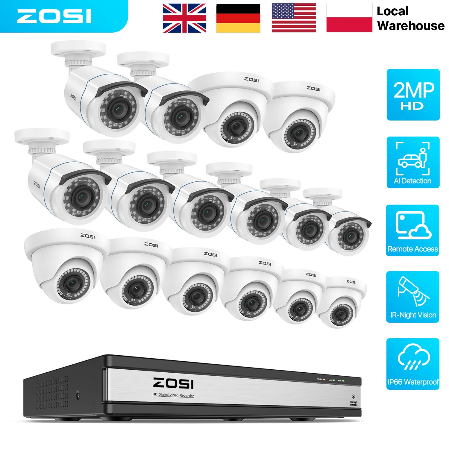 ZOSI 16 Channel 3K Lite Security Camera System 16CH H.265+ Surveillance DVR Recorder 2MP Outdoor Indoor Home CCTV Video Cameras