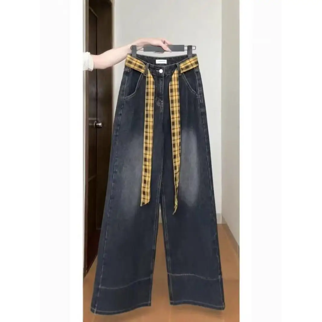 

Женские джинсы из Гонконга: модные, с высокой талией, из хлопка, прямого кроя, длинные брюки, осенняя новинка, уличный стиль