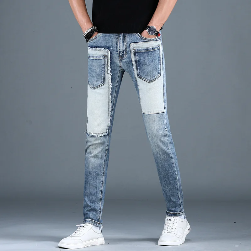 Jeans slim fit com costura em retalho masculino, amarrado no tornozelo, na moda, rua de alto nível, estilo locomotiva, calça casual, moda, novo, 2022