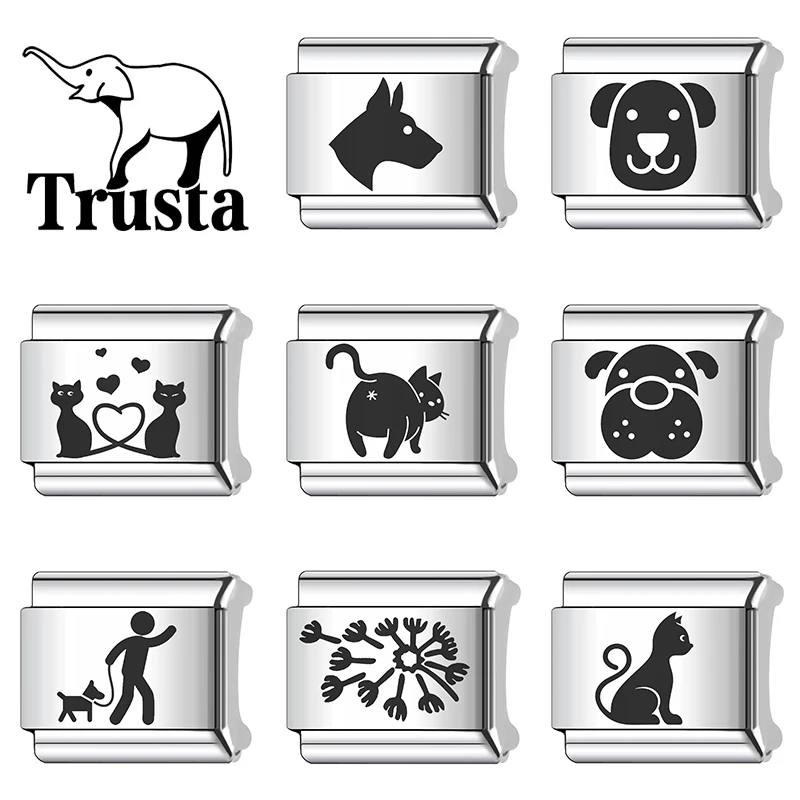 Trusta 2026 New Laser Love Pet Cat  Animal Italian bracelet charm Stainless Steel for Women DIY Making Accessories Hot N686
