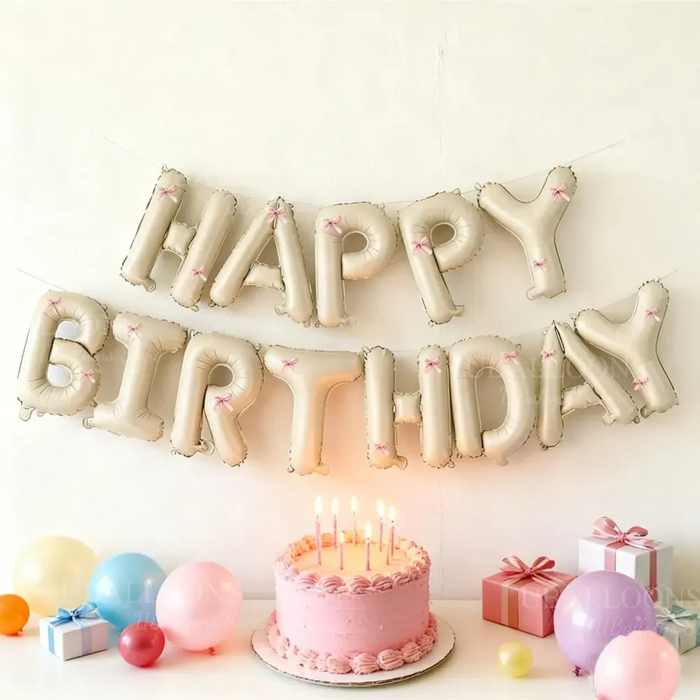 Cremefarbene Happy Birthday Luftballons mit Rosa Schleife 16 Zoll Beige Happy Birthday Buchstaben-Ballonbanner für Coquette Geburtstagsdekoration – Detail 3