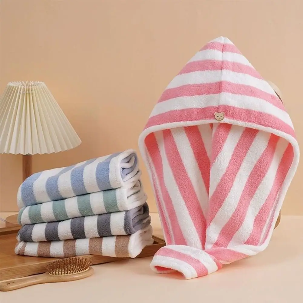 Stripe Quick-dry Hair Towel For Women Absorbent Thickened Autumn And Winter Coral Fleece Cute Shower Cap Long Hair Soft Headband