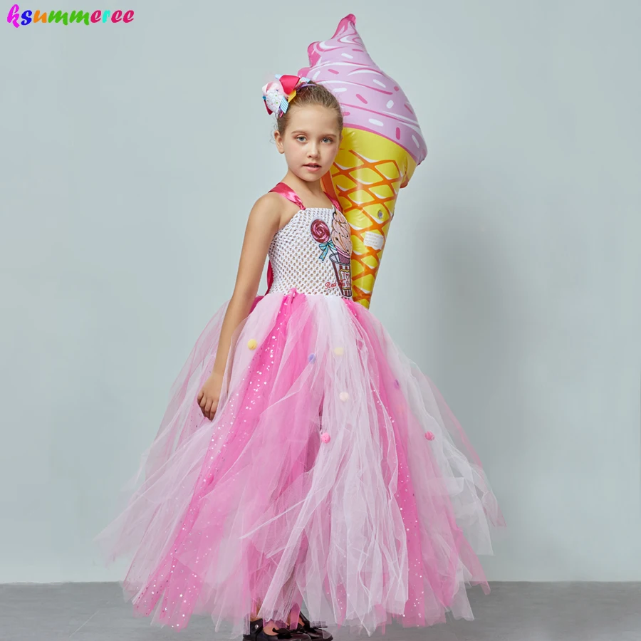 Ice Cream Sweet Candy Girls Tutu Dress with Hair Bows Kids Birthday Tutu Costume Pageant Princess Gown Dress Lollipop Dress