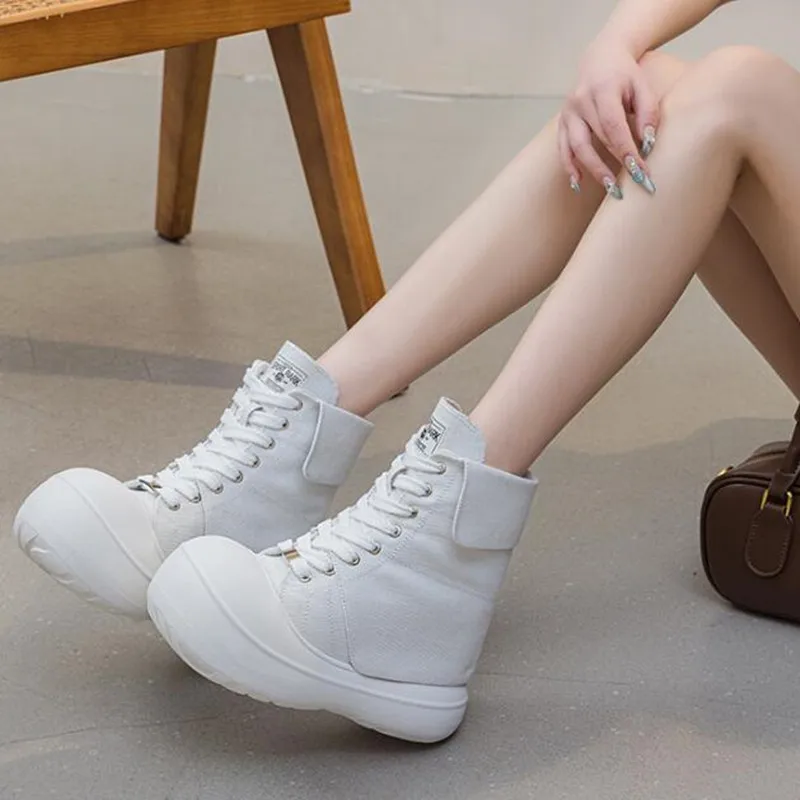 13cm Denim Wedges Sneakers Canvas Platform New Autumn Spring Hidden Heels Cowboy Women Ankle Boots Fashion Kawaii Women Shoes