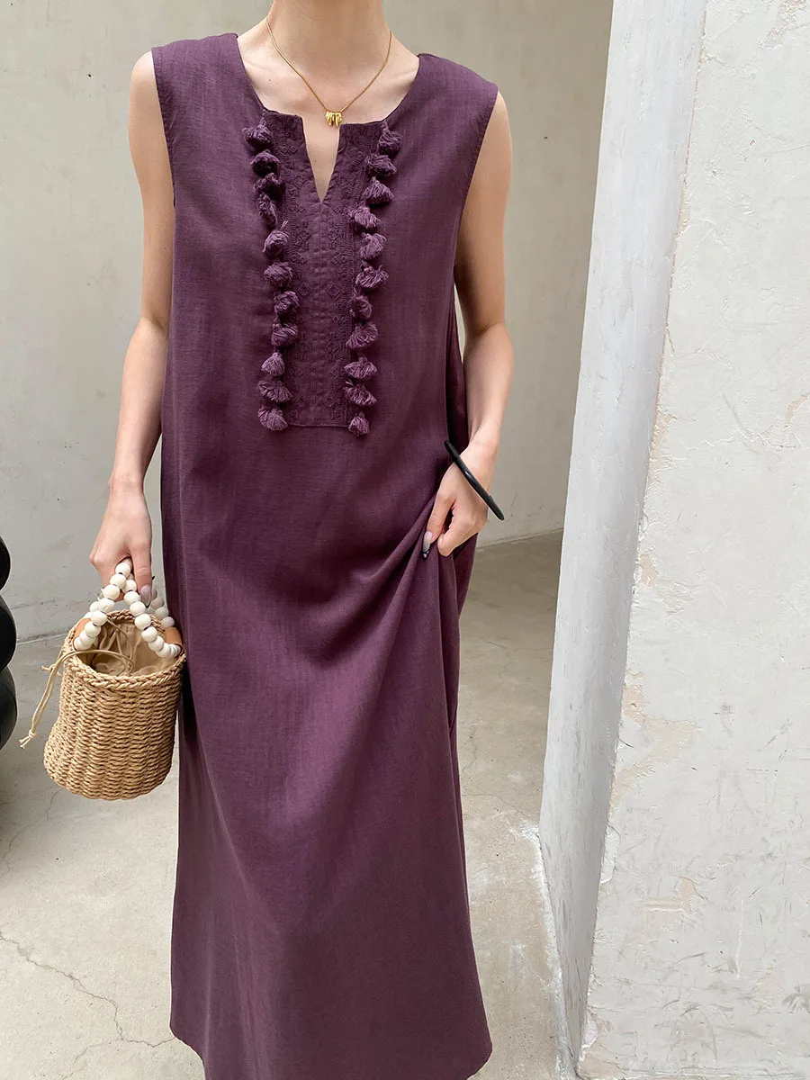 Sommerliches, lässiges, einfarbiges, ärmelloses Westenkleid für Damen mit V-Ausschnitt, Stickerei und Quasten – Detail 8