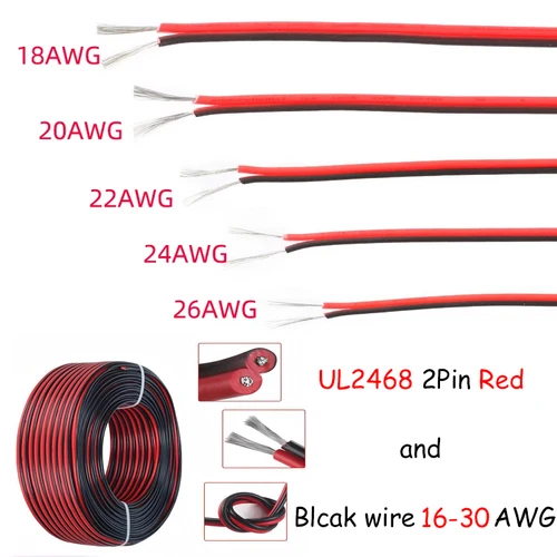 Imagen 1 del producto Cable eléctrico rojo y negro de 16-30AWG, 5/10/20M, cable para tira de LED, cable de extensión de cobre estañado de 2 núcleos para iluminación y audio