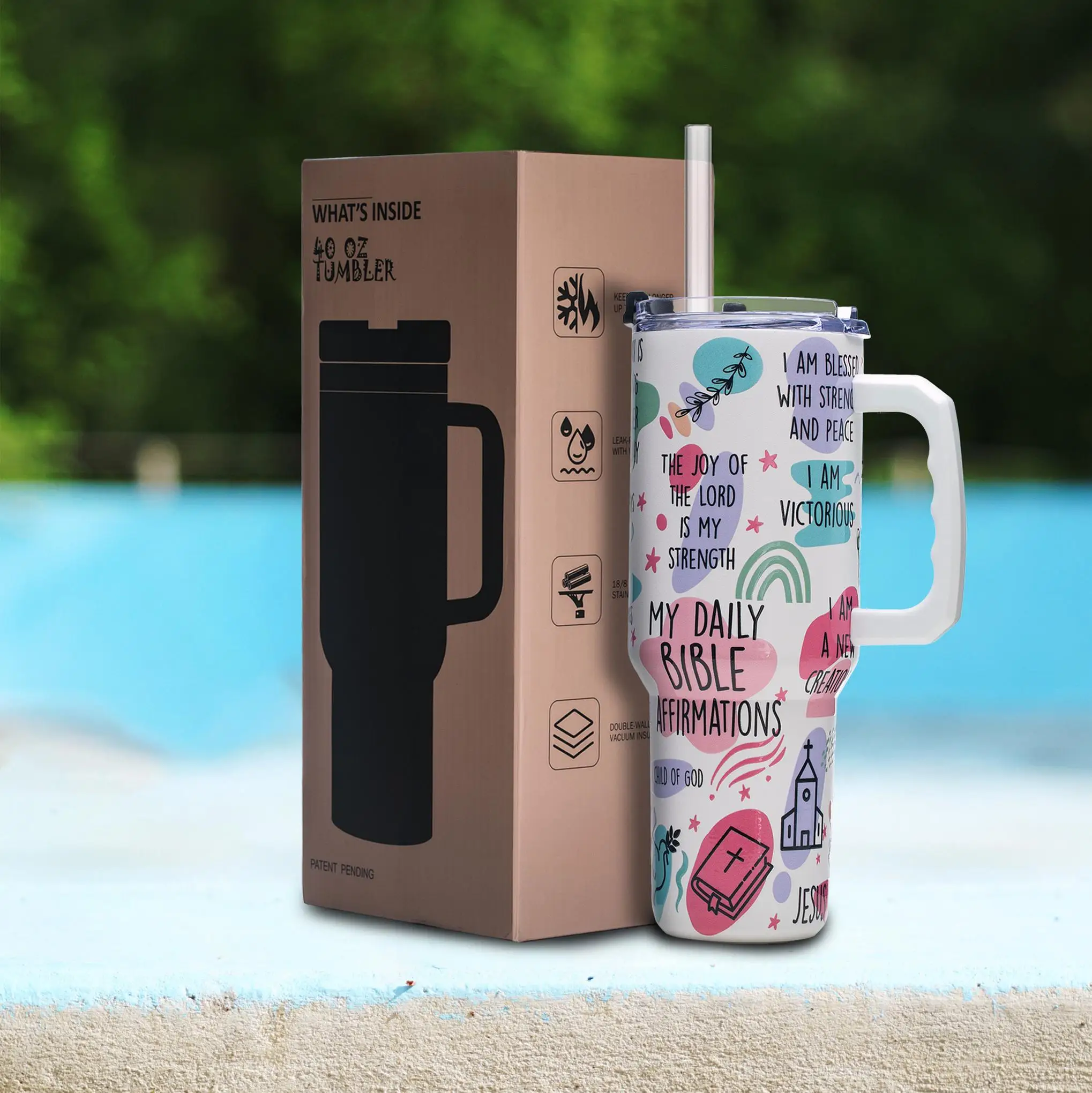 

Bible Verse 40oz Christian Tumbler with Handle and Straw, Vacuum Insulated Stainless Steel Cup, Gift for Friend