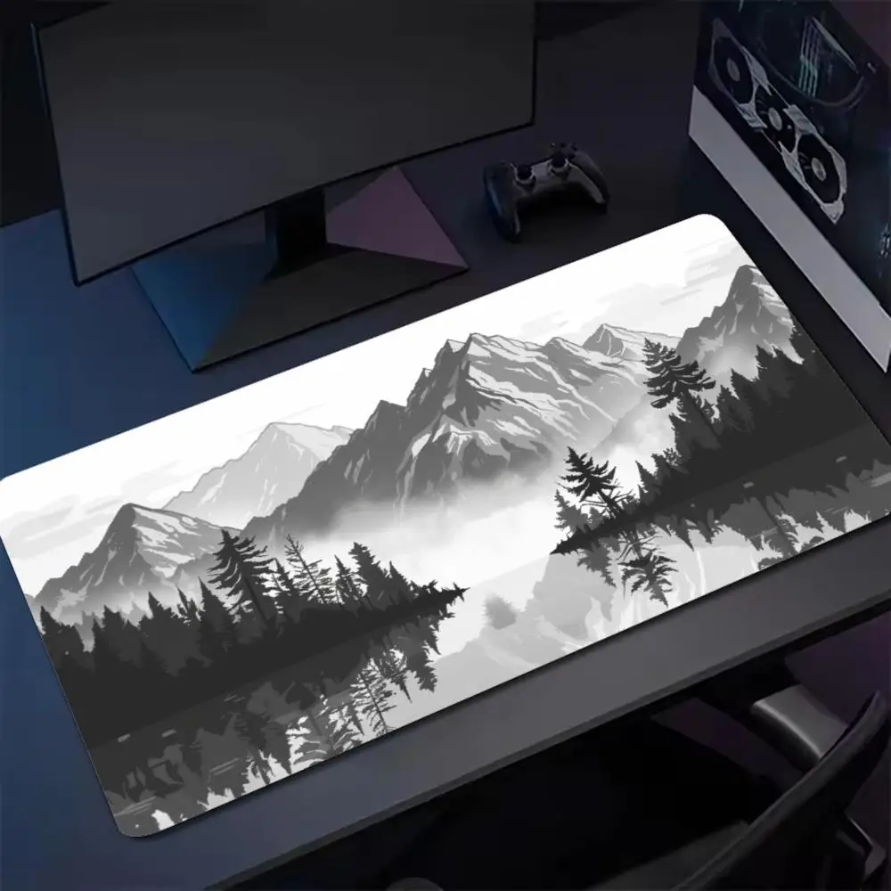 Black White Mountain Pine Forest Lake Art Desk Mat XXL Keyboard Rubber Bottom Non‑Slip Mousepads Gamer Office Accessories